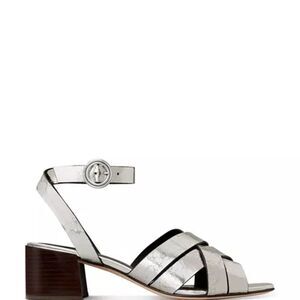 Tory Burch City Heel Sandals Silver Crackle Leather Size 9.5M